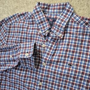 Vineyard Vines Shirt Mens Medium Red Blue Slim Fit Whale Shirt Preppy Academia